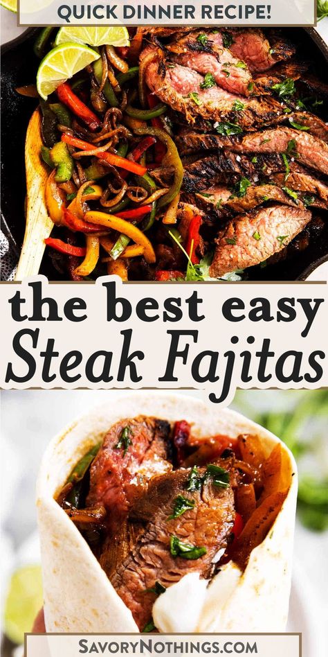 These zingy Steak Fajitas are quick and easy to make with flank steak and fajita vegetables. Marinated in a simple yet delicious fajita marinade, then quickly seared for medium-rare perfection – the flavor in these is unbelievable! | #steakrecipes #steakfajitas #fajitarecipes Steak Fajita Marinade, Steak Fajitas Recipe, Flank Steak Fajitas, Easy Steak Fajitas, Skillet Steak, Steak Fajita Recipe, Fajitas Recipe, Easy Steak, Easy Skillet