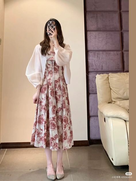 Aesthetic Korean Outfits Dress, Western Long Dresses, Korean Cardigan, Conservative Outfits, Airy Dress, Light Cardigan, Batik Fashion, Ootd Dress, Korean Fashion Dress