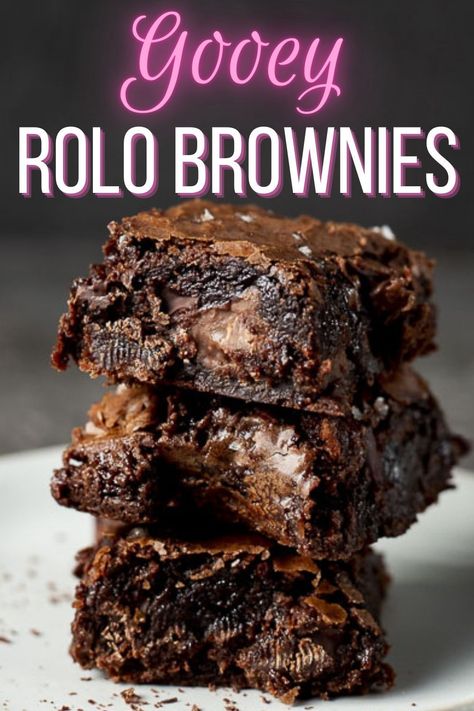 Brownie With Rolo Centers, Roll Stuffed Brownies, Brownies With Rolos, Brownies With Rolo Candy, Rolo Stuffed Brownies, Stuffed Brownie Recipes, Brownie Recipes With Candy Bars, Rolo Brownies Recipes, Easy Brownie Desserts