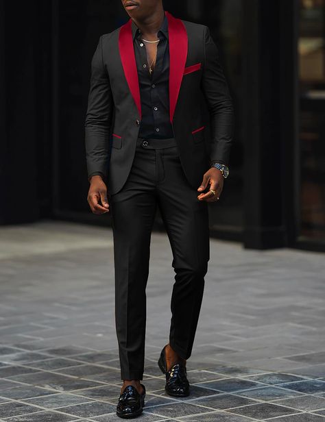 Black And Red Suits Men, Vegas Wedding Mens Outfit, Black And Red Groomsmen Attire, Gray And Red Outfit, Men’s Holiday Party Outfit, Prom Suits For Men Red, Black And Red Tux, Red And Black Wedding Decorations, Prom Suits For Men Unique