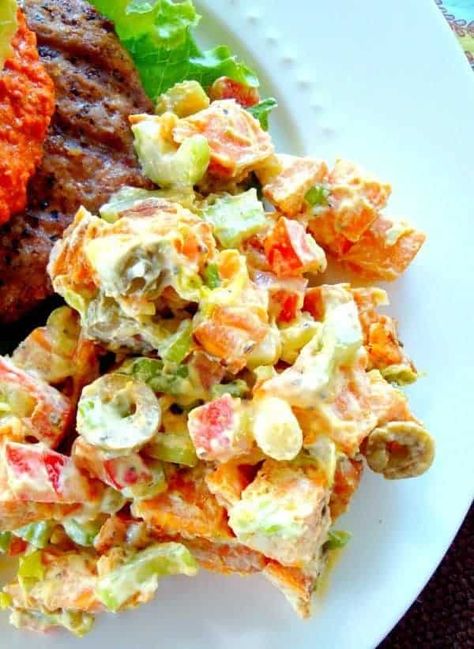 Yam Potato Salad Yam Salad, Potato Salads, Classic Potato Salad, Super Salads, Mouthwatering Food, Fresh Fruit Salad, Cooking Healthy, Nutritious Recipes, Savory Dishes