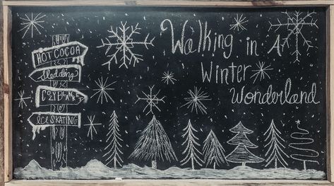 #chalkboard #chalk #winter #christmas #decor Winter Blackboard Ideas, Chalk Boarder Designs Christmas, Chalk Wall Christmas Ideas, Holiday Chalkboard Ideas, Winter Chalkboard Art Ideas, December Chalkboard Ideas, Christmas Chalkboard Signs, Winter Chalkboard Art, Christmas Chalk Art