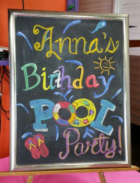 Pool party chalkboard Pool Party Chalkboard Sign, Party Chalkboard, Chalkboard Calendar, Chalkboard Ideas, Chalkboard Sign, Chalkboard Signs, Chalkboard Art, Birthday Sign, Pool Party