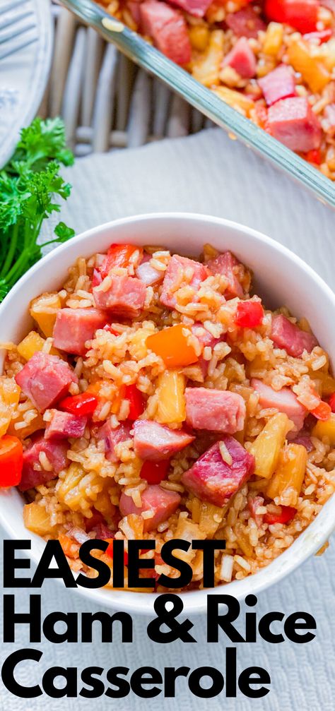 Give us alllllll the flavors! 🍽  This is the Easiest Ham and Rice Casserole that you'll ever make and it takes no time at all to whip up. 🙌🏼   Mix all the ingredients in a bowl 🥣 , spread in a casserole dish🍲, bake and voila… dinner is served! Rice, ham, pineapple, and red bell peppers make this delicious and filling! Ham And Peppers, Ham And Pineapple Casserole, St Pauls Rice Casserole, Ham Rice Recipes, Ham And Rice Casserole Recipes, Ham And Rice Recipes, Ham And Pineapple Recipes, Ham Rice Casserole, Recipes With Diced Ham