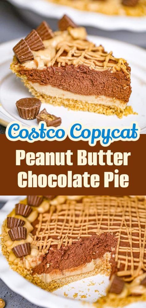 Looking for a scrumptious peanut butter dessert? Try our Decadent Peanut Butter Chocolate Pie! This no-bake dessert is a copycat of Costco's famous peanut butter chocolate pie but with mini peanut butter cups and a drizzle of peanut butter on top. It's perfect for picnics and 4th of July desserts. Check out our recipe now! Copycat Costco Peanut Butter Pie, Costco Peanut Butter Chocolate Pie, Costco Peanut Butter Pie, Costco Copycat Recipes, Costco Copycat, Peanut Butter Chocolate Pie, Peanut Butter Pie Filling, Quick Cheesecake, Mini Peanut Butter Cups