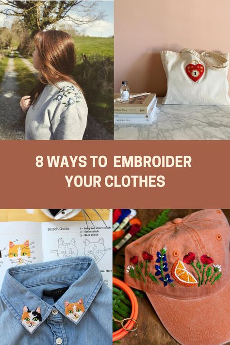 Different Things To Embroider, Embroidery On Thrifted Clothes, Embroidery Scarf Ideas, Add Embroidery To Clothes, Ideas To Embroider, Easy Clothing Embroidery Ideas, How To Embroider Clothes By Hand, What Can I Embroider, Diy Embroidered Shirt Ideas