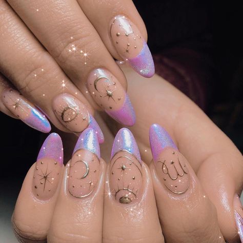 Chrome Witch Nails, Magical Nail Art, Pink Moon Nails, Virgo Inspired Nails, Bruja Nails, Virgo Nail Art, Virgo Nails Acrylic, Witch Nails Acrylic, Birthday Nails Virgo