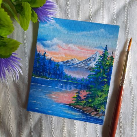 Mini acrylic painting of a Beautiful scenery Mini Canvas Art Rectangle, Mini Rectangle Canvas Paintings, Rectangle Canvas Painting Ideas, Scenery Painting, Scenery Paintings, Landscape Paintings Acrylic, Mini Canvas Art, Mini Canvas, Mini Paintings