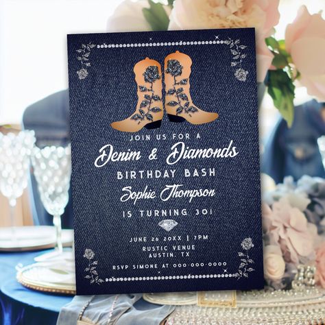 Denim Diamonds Cowgirl Boots Roses Birthday Party Invitation Denim And Diamonds Theme, Diamond Theme Party, Cowgirl Birthday Invitations, 30th Birthday Ideas For Women, Roses Birthday, Diamond Theme, Denim Background, Chic Birthday Party, Bling Party