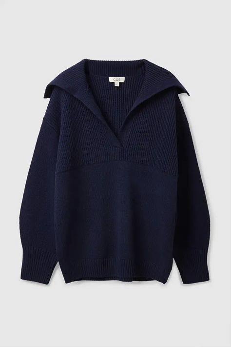 SPREAD-COLLAR WOOL JUMPER - NAVY - Jumpers - COS IT Sweater Cardigan Outfit, Navy Blue Cardigan, Wool Jumper, Stockholm Fashion, Blue Cardigan, Dream Clothes, Knitwear Women, Old Money, Jumpers For Women