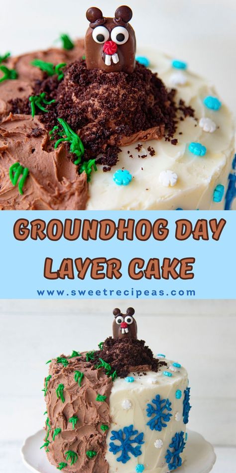 This Groundhog Day Layer Cake is the perfect way to celebrate Groundhogs day with a half winter half spring theme with a candy groundhog. For more recipes follow me here on Pinterest. Groundhogs Day, Happy Groundhog Day, Spring Theme, Groundhog Day, More Recipes, Layer Cake, Cake Desserts, Baking Recipes, Happy Holidays