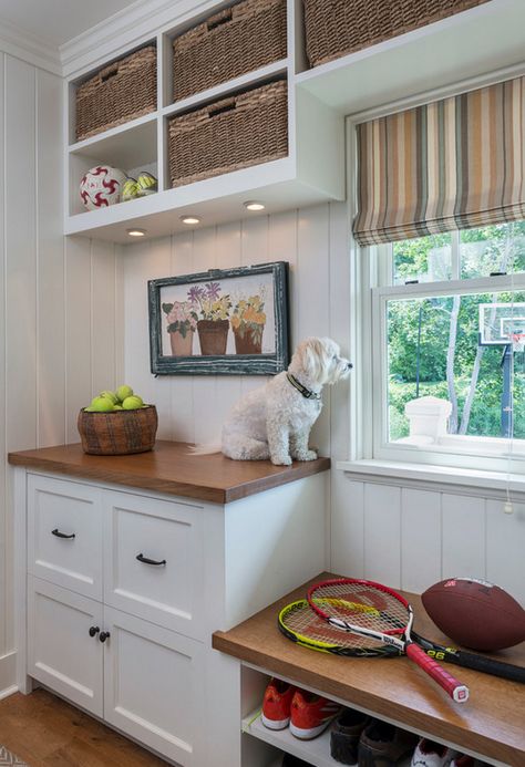 Mudroom Cabinet with counter. Making the most of small mudroom with cabinet, countertop and bench. #MudroomCabinet #MudroomCabinetcounter #Mudroom Taste Design Inc. Mudroom Cabinets, Sports Storage, Transitional Interiors, Havanese Dog, Cabinetry Hardware, Entry Furniture, Home Bunch, White Fireplace, Hardware Pulls