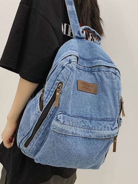 Baby Blue Preppy Collar  Fabric Plain Classic Backpack Embellished   Women Bags