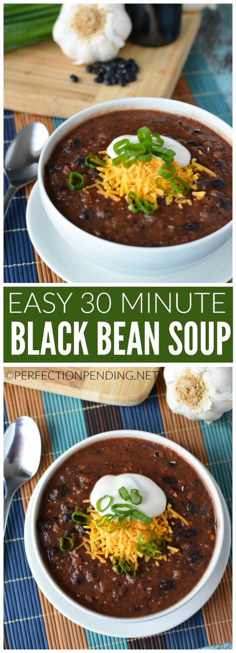 This healthy and easy black bean soup is gluten free, and full of flavor. It's the perfect, quick 30 minute recipe you can cook up at the last minute. This kid-friendly meal is one you'll cook over and over and can easily adapt to become a black beans and rice recipe. It's the vegetarian soup you've been looking for. Easy to make, and low carb, too. Black Beans And Rice Recipe, Easy Black Bean Soup, Black Beans And Rice, Black Bean Soup, Beans And Rice, Vegetarian Soup, Meatless Meals, Bean Soup, Healthy Soup