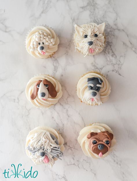 Adorable dog themed cupcakes (pupcakes!) decorated with gum paste hound dogs, pugs, poodles, Westies, Scottie dogs, and Old English sheepdogs. Dog Themed Cupcakes, American Buttercream Frosting Recipe, Puppy Cupcakes, Animal Themed Birthday Party, Dog Cupcakes, Animal Cupcakes, Buttercream Frosting Recipe, Dog Cakes, Puppy Birthday