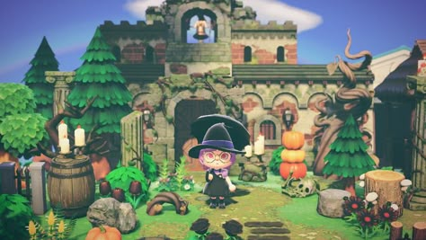 Spooky cottagecore ruined church, with pumpkins, candles, giant vines, barrels, ruined pillars and piles of bones, and a cute witch with purple hair and glasses, in a black and purple pinafore dress, holding a black umbrella, standing in the middle scowling. Acnh Halloween Entrance, Acnh Spooky Entrance, Acnh Spooky Island Ideas, Acnh Witch Garden, Acnh Church, Animal Crossing Medieval, Witch Animal Crossing, Acnh Witch Island, Acnh Cemetery