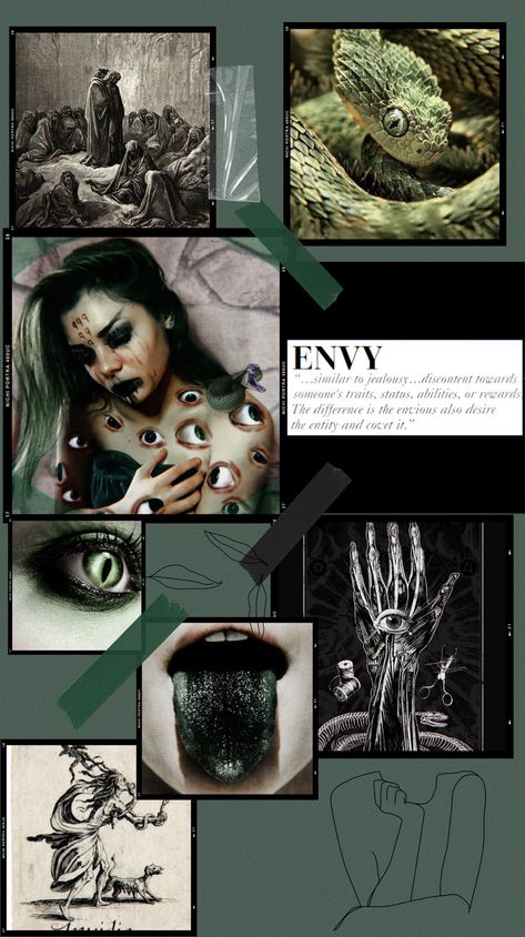 Sin Of Envy Oc, Envy 7 Deadly Sins Art, Seven Deadly Sins Bible Art, Envy Seven Deadly Sins Aesthetic, Seven Deadly Sins Envy Aesthetic, Greed Sin Aesthetic, Sin Of Lust Aesthetic, Envy Moodboard, Envy Artwork