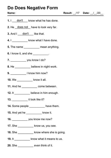 Do Does Negative Exercises PDF Worksheet with Answers - Test 1 Verb To Have Negative Worksheet, Do Does Worksheet, Practice English Grammar, Verb To Have, English Grammar Pdf, Coordinating Conjunctions, Colour By Number, Subject Verb Agreement, Teaching English Grammar