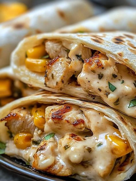 via @thenandnowspace Chicken Cheese Wrap, Creamy Garlic Chicken Wraps, Cheesy Garlic Chicken Wraps Recipe, Freezable Wraps, Cheesy Garlic Chicken Wraps, Hangover Meals, Cheesy Garlic Chicken, Wraps Chicken, Low Carb Wraps