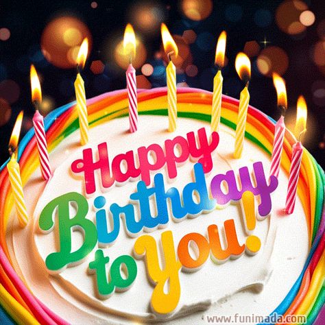 Rainbow happy birthday animaged gif image decorated with lit candles and glitter, rainbow text reads Happy birthday to you Happy Birthday Leslie, Animated Birthday Cake, Hbd Gif, Happy Birthday Wishes Gif, Happy Birthday Emoji, Happy Birthday Gif Images, Happy Birthday Candles Cake, Happy Birthday Gif, Birthday Wishes Gif