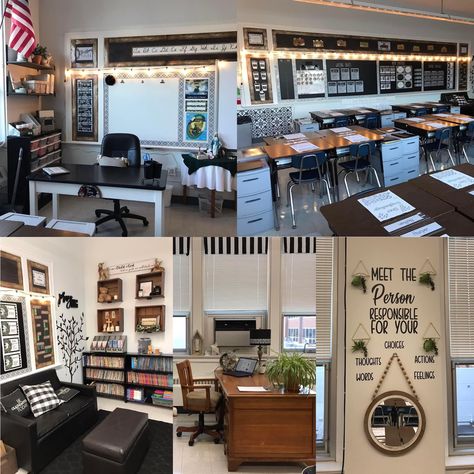 Dark Classroom Aesthetic, Classroom Setup High School, Industrial Classroom, Cozy Classroom Ideas High School, Classroom Setup Middle School, Wildflower Classroom, Elementary Teacher Aesthetic, Comfy Classroom, High School English Classroom Decor