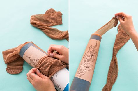 Take Tempory Tattoos to the Next Level With These Tights | Brit + Co How To Color Tights Drawing, Tights Sleeve Diy, Tights To Top Diy, Diy Tights, Ripped Tights Tutorial, Tights Top Diy, Diy Fake Tattoo, Tattoo Tights, Tattoo Shirts