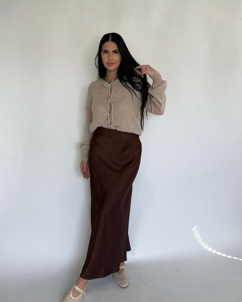 we heard you needed some new outfits for fall 😉 Satin Brown Skirt, Satin Maxi Skirt Outfit Fall, Brown Satin Skirt Outfit, Winter Maxi Skirt Outfit, Brown Skirt Outfit, Corporate Attire Women, Luxurious Chocolate, Brown Maxi Skirts, Satin Skirt Outfit