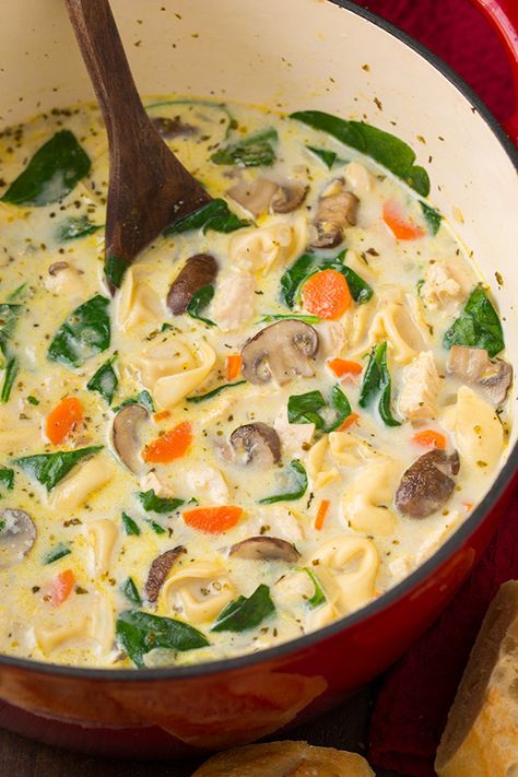 Creamy Chicken, Spinach and Mushroom Tortellini Soup | Cooking Classy Mushroom Tortellini Soup, Creamy Chicken Spinach, Mushroom Tortellini, Chicken Spinach Mushroom, Spinach And Mushroom, Chicken Tortellini Soup, Chicken Tortellini, Mushroom Soup Recipes, Chicken Spinach