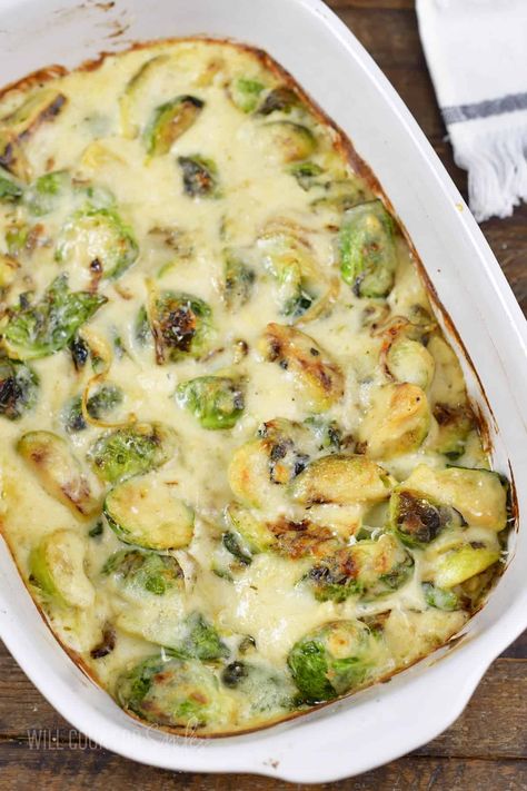 Creamy Baked Brussels Sprouts Brussel Sprouts With Gruyere Cheese, Cream Cheese Brussel Sprouts, Creamy Bacon Brussel Sprouts, Brussels Sprouts And Pasta, Creamy Brussel Sprouts Bacon, Oven Baked Brussel Sprout Recipes, Boursin Brussel Sprouts, Brussels Sprouts Recipe Oven, Oven Brussel Sprouts