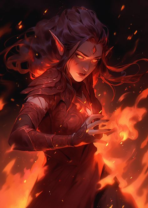 elf, female, woman, girl, fire, rpg, warcraft, mage, warlock, magic Fire Druid Dnd, Aberrant Mind Sorcerer Female, Fire Elf Female, Fire Genasi Warlock, Draconic Bloodline Sorcerer Female, Fire Genasi Woman, Fire Elemental Art, Elf Fire Mage, Fire Mage Art