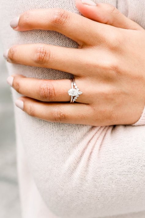 Wedding Band Paired With Oval Engagement Ring, Best Wedding Bands For Oval Ring, Wedding Band For Tear Drop Engagement Ring, Wedding Band Shapes, Plain Band Engagement Ring With Wedding Band, Round Engagement Ring With Marquise Band, Small Oval Engagement Ring With Wedding Band, Engagement Rings Pair, Pear Diamond Engagement Ring With Wedding Band