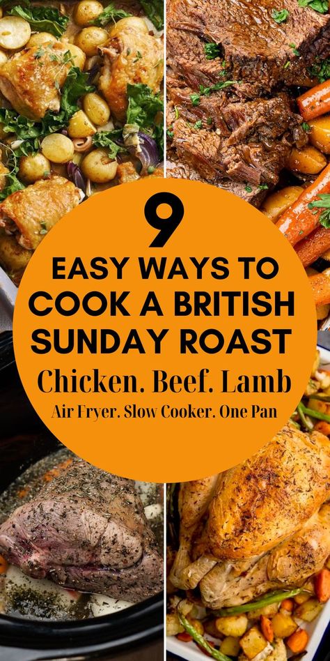 9 Lazy ways to cook a whole Sunday roast in an air fryer, slow cooker or one-tray tray bake. British Sunday roast recipe for Beef, British Sunday roast recipe for chicken, British Sunday roast recipe for Lamb. Easy ways to cook a roast in an air fryer, how to cook a whole Sunday roast dinner in a slow cooker, how to cook a whole Sunday roast in one tray in the oven Easy ways to cook Sunday roast, Sunday roast ideas, roast potatoes, roast chicken, roast beef, roast lamb, chicken dinner ideas Vegetarian Roast Dinner, British Roast Dinner, Whole Chicken Recipes Oven, Baked Whole Chicken Recipes, Lamb Roast Dinner, Roast Ideas, Sunday Roast Chicken, Roast Dinner Recipes, Sunday Roast Dinner