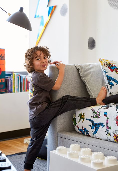 Both of These Boys’ Bedrooms Are Black and White, But That’s Where the Similarities End Toddler Boy Shared Room, Black And White Toddler Room, Eclectic Boys Room, Black And White Kids Bedroom, Boys Shared Bedroom Ideas, Boys Modern Bedroom, Simple Boys Room, Modern Boys Rooms, Lego Storage Boxes