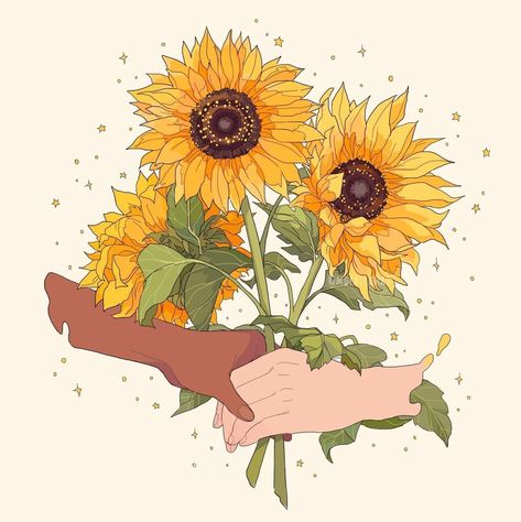 Sunflower Drawing Wallpaper, Sunflower Aesthetic Drawing, Sunflower Illustration Art, Sunflowers Drawing, Sunflowers Illustration, Yellow Flower Art, Sunflowers Art, Sunflower Illustration, Sunflower Drawing