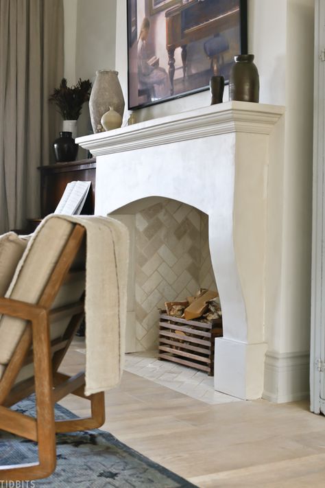 DIY Fireplace Mantel Surround | Faux Cast Stone European Style - Tidbits Cast Fireplace Surround, Stone Faux Fireplace, English Country Fireplace Mantel, European Plaster Fireplace, Faux Gas Fireplace, Temp Cast Fireplace, Faux Bedroom Fireplace, Faux Fireplace Mantel Master Bedrooms, Diy Arched Fireplace