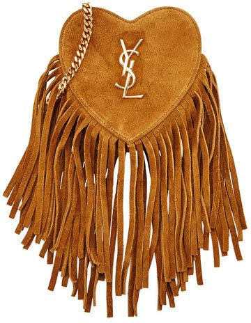 Saint Laurent Monogram Small Zip-Top Fringe Heart Bag | #Chic Only #Glamour Always Festival Fashion Outfit, Heart Purse, Fringe Handbags, Chain Purse, Fringe Purse, Brown Purse, Strap Purse, Suede Handbags, Brown Leather Handbags