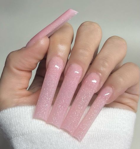 Long Square Acrylic Nails Pink Glitter, Plain Nails With Glitter, Chunky Pink Glitter Nails, Light Pink Glitter Nails Acrylic, Long Light Pink Nails, Baby Pink Stiletto Nails, Baby Pink Glitter Nails, Track Nails, Long Pink Acrylic Nails