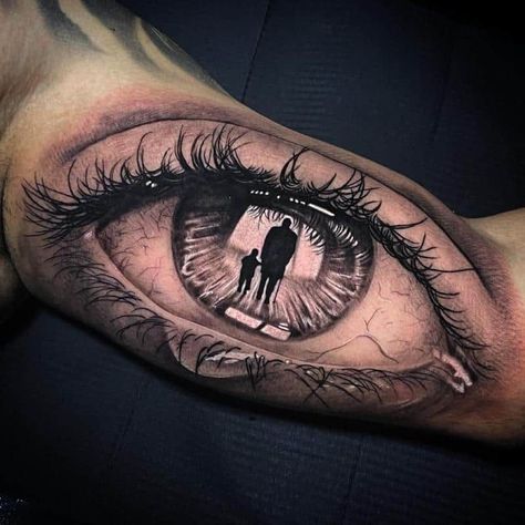 Eye Bicep Tattoo 3 Outer Bicep Tattoo Men, Realism Tattoo Ideas For Men, Inside Bicep Tattoo, Ojo Tattoo, Realistic Eye Tattoo, Stammestattoo Designs, Inside Of Arm Tattoo, Herren Hand Tattoos, Men Sketch