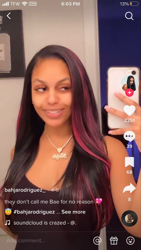 Straight Hair With Pink Highlights, Black Wigs With Pink Highlights, Red Peekaboo Quick Weave, Pink And Brown Highlights In Black Hair, Pink And Brown Quick Weave, Pink And Black Sew In Leave Out, Pink Highlight In Black Hair, Pink Highlights Sew In, Jet Black Hair With Pink Highlights