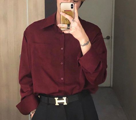 Maroon And Black Outfit Men, Red Semi Formal Outfit For Men, Guys Button Up Shirts Outfits, Maroon Vest Outfit Men, Red Shirt And Black Pants Outfit, Maroon Button Up Shirt Men Outfit, Aesthetic Red Outfits Men, Black And Red Men Outfit, Red Masculine Aesthetic