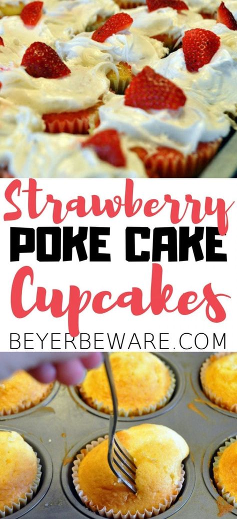 Just like a good poke cake, these strawberry poke cake cupcakes are an easy dessert recipe made with your favorite cake mix, jello, fluffy icing, and strawberries. Poke Cake Cupcakes, Jello Cupcakes, Poke Cupcakes, Fluffy Icing, Strawberry Poke Cake, Strawberry Poke Cakes, Poke Recipe, Jello Cake, Cake Strawberry