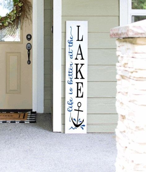 Fishing Porch Signs, Lake Sayings Signs, Cute Lake House Decor, Wood Lake Signs, Lake Front Porch Ideas, Lake House Signs Diy, Lake Porch Signs, Lake House Wood Signs, Lake House Signs Ideas