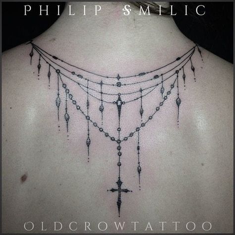 For an even more elegant effect, put the pendant in the back. By Philip Milic. | Jan 20th 2020 | 1283905 Old Crow Tattoo, Chandelier Tattoo, Chain Tattoo, Necklace Tattoo, Lace Tattoo, Mermaid Tattoos, Book Tattoo, Vintage Tattoo, Back Tattoos