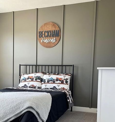 Accent Wall Boys Bedroom, Boy Room Accent Wall, Kids Accent Wall, Monster Truck Bedroom, Truck Bedroom, Grey Accent Wall, Big Boy Bedrooms, Toddler Boys Room, Boy’s Room