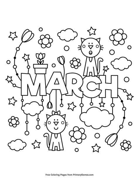 Free printable Spring coloring pages for use in your classroom and home from PrimaryGames. March Coloring Pages, March Colors, Spring Coloring Pages, Colouring Printables, Month Colors, Black And White Illustration, Free Printable Coloring, Free Printable Coloring Pages, Coloring Pictures