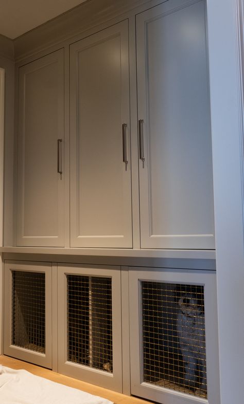 A custom made built-in mudroom closet with two dog crates built into the bottom. Mudroom Dog Crate Built Ins, Built In Dog Watering Station, Dog Crate In Mudroom, Custom Built Dog Crates, Built In Dog Crate Mudroom, Mudroom With Dog Crate, Diy Dog Crate Built In, Integrated Dog Crate, Dog Kennel Built Into Wall