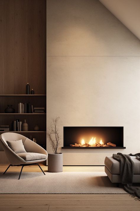 This fireplace is perfect for anyone who appreciates simple minimalistic design. The plain white fireplace has a stylish rectangular opening. The wooden floor is simple and natural with a light tone. A thick carpet ties the soft grey chair and footrest together. The darker wooden bookshelf is integrated to the wall. A concrete plant pot with a dry branch create a modern brutalist detail. The cozy blanket makes you want to snuggle in front of the fireplace. Minimalistic Fireplace, Minimal Fireplace, Scandinavian Fireplace, Fireplace Room, Concrete Plant Pots, Wooden Bookshelf, Fireplace Shelves, Dry Branch, Concrete Fireplace