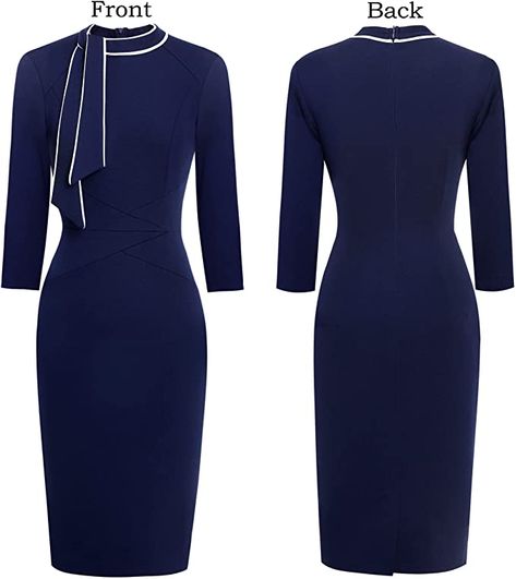 Uniform Dress Styles For Work, Navy Blue Corporate Dress, Fitted Blue Dress For Office Wear, Business Attire Women Dress, Fitted Blue Office Dress, Elegant Blue Office Blazer Dress, Blue V-neck Dress For Office, Elegant Blue Bodycon Dress For Office, Office Uniform For Women