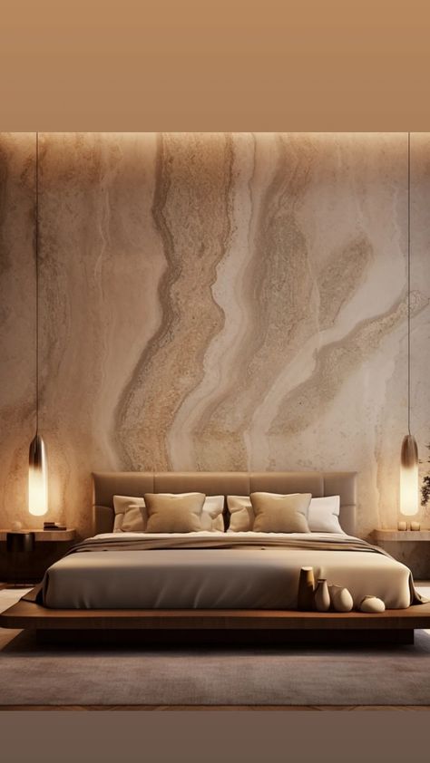 Travertine Bedroom Wall, Marble Wall Bedroom, Travertine Bedroom, Stone Wall Bedroom, Bed Minimal, La Bedroom, Stone Headboard, Wood Panel Bedroom, Phuket Villa