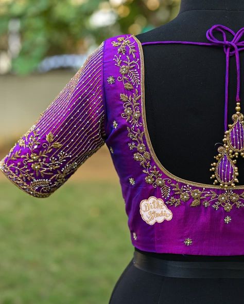 Bridal classic series- This classy purple blouse embroidered with kathana and white stone embellished with the prettiest floral motifs in… Latest Embroidery Blouse Designs 2023, Bride Blouse Work Designs, Latest Bridal Blouse Designs 2023, Latest Embroidery Designs 2023, Self Saree Blouse Designs Latest, Stone Blouse Designs, Latest Maggam Work Blouses 2023, Bridal Embroidery Blouse Designs, Wedding Saree Blouse Designs Latest